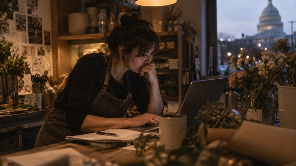 A small-business owner in an apron leaning over a laptop on a cluttered back-office desk late in the day, photographed in Washington DC