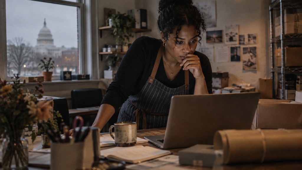 A small-business owner in an apron leaning over a laptop on a cluttered back-office desk late in the day, photographed in Washington DC