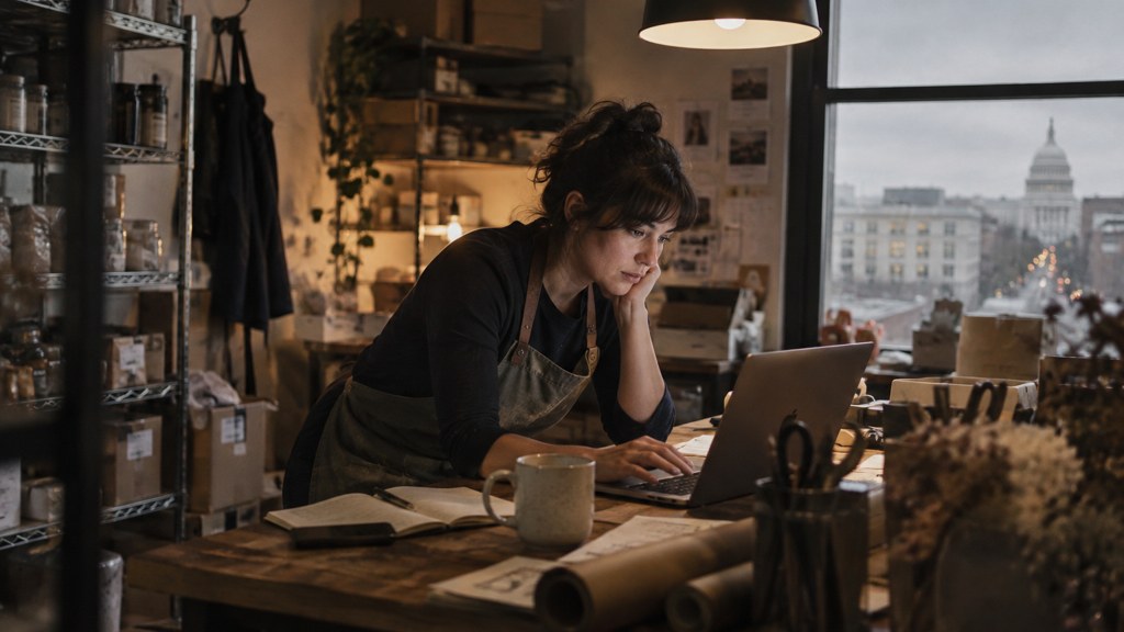 A small-business owner in an apron leaning over a laptop on a cluttered back-office desk late in the day, photographed in Washington DC