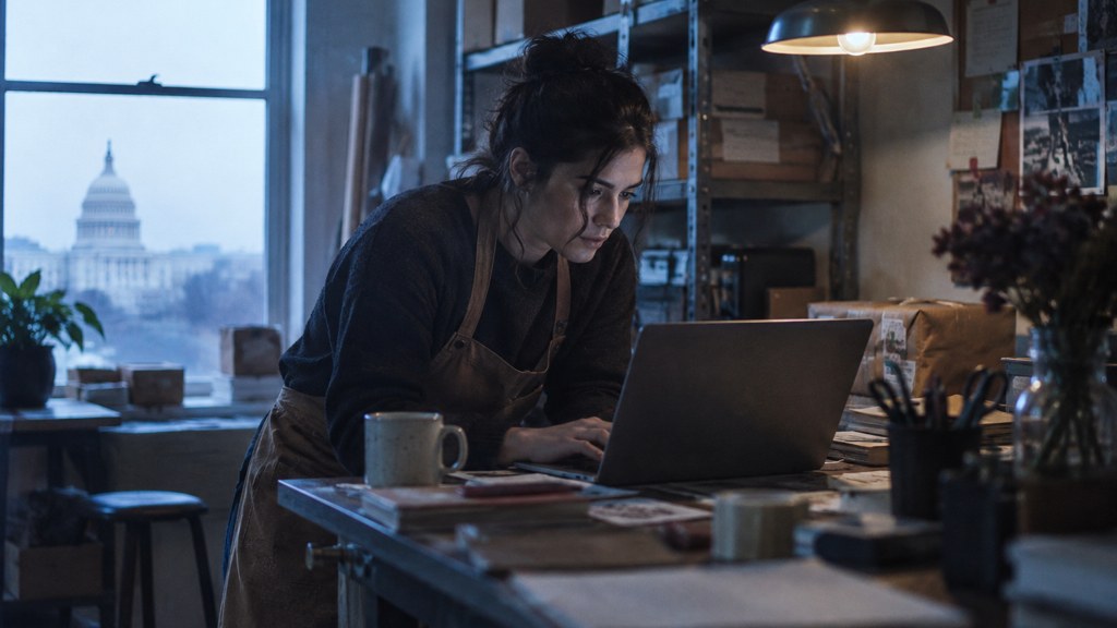 A small-business owner in an apron leaning over a laptop on a cluttered back-office desk late in the day, photographed in Washington DC