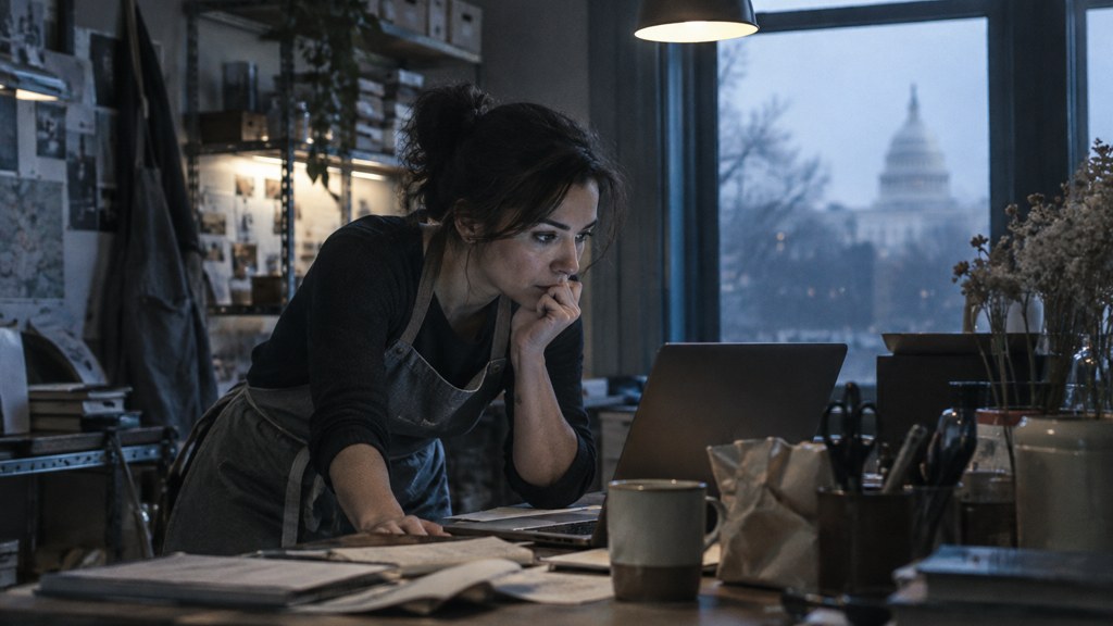 A small-business owner in an apron leaning over a laptop on a cluttered back-office desk late in the day, photographed in Washington DC