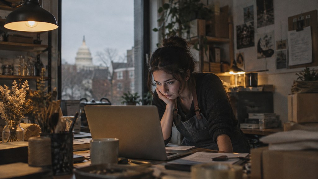 A small-business owner in an apron leaning over a laptop on a cluttered back-office desk late in the day, photographed in Washington DC