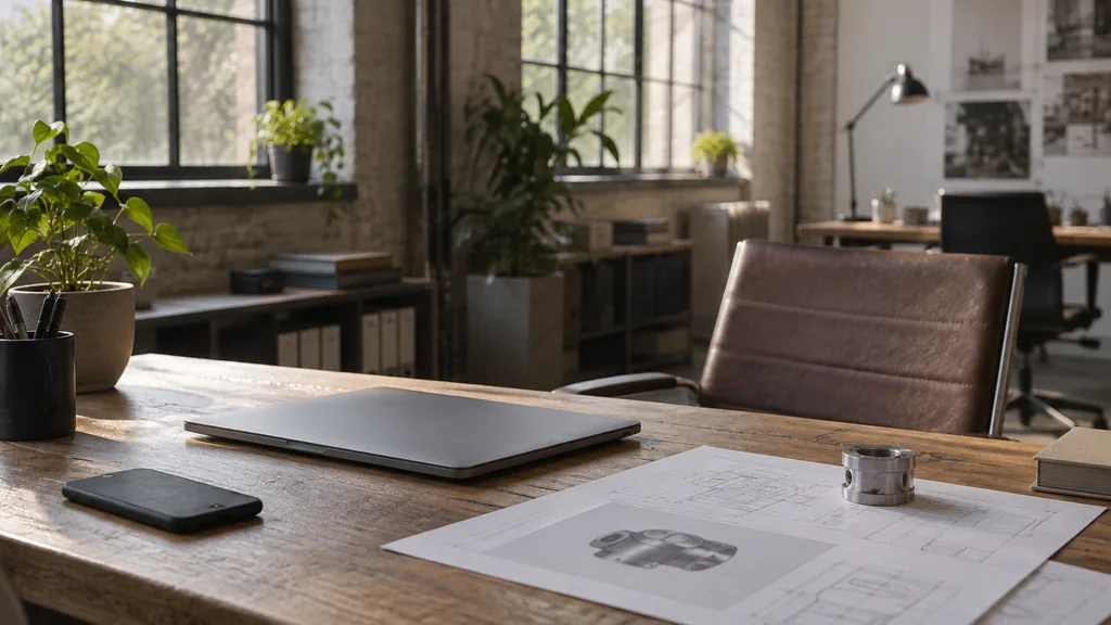 An empty marketing office inside a converted factory in a quiet marketing office inside a converted factory in the early morning, a wooden desk with a closed laptop, printed product spec sheets, a smartphone lying face down and a small machined aluminium part, soft daylight through tall steel-framed industrial windows