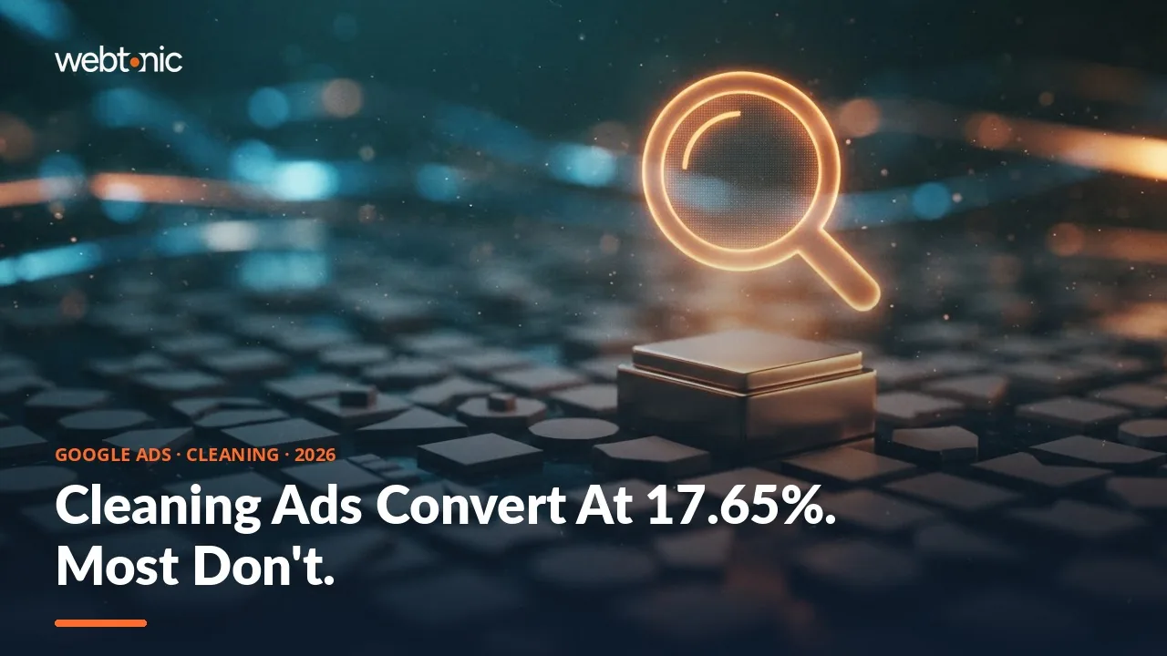 Cleaning services Google Ads statistics 2026 thumbnail showing a 17.65 percent conversion rate against a 7.33 percent home services average