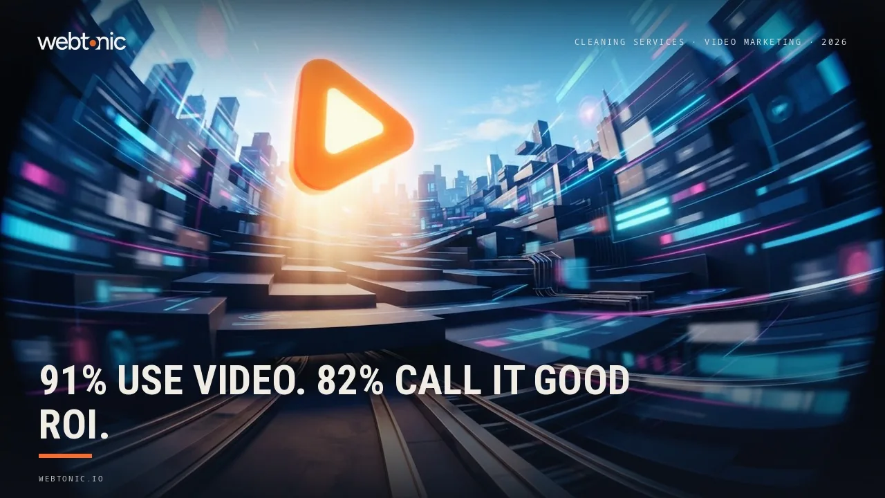 Cleaning services video marketing statistics 2026 thumbnail showing 91 percent of businesses using video and 82 percent reporting good ROI