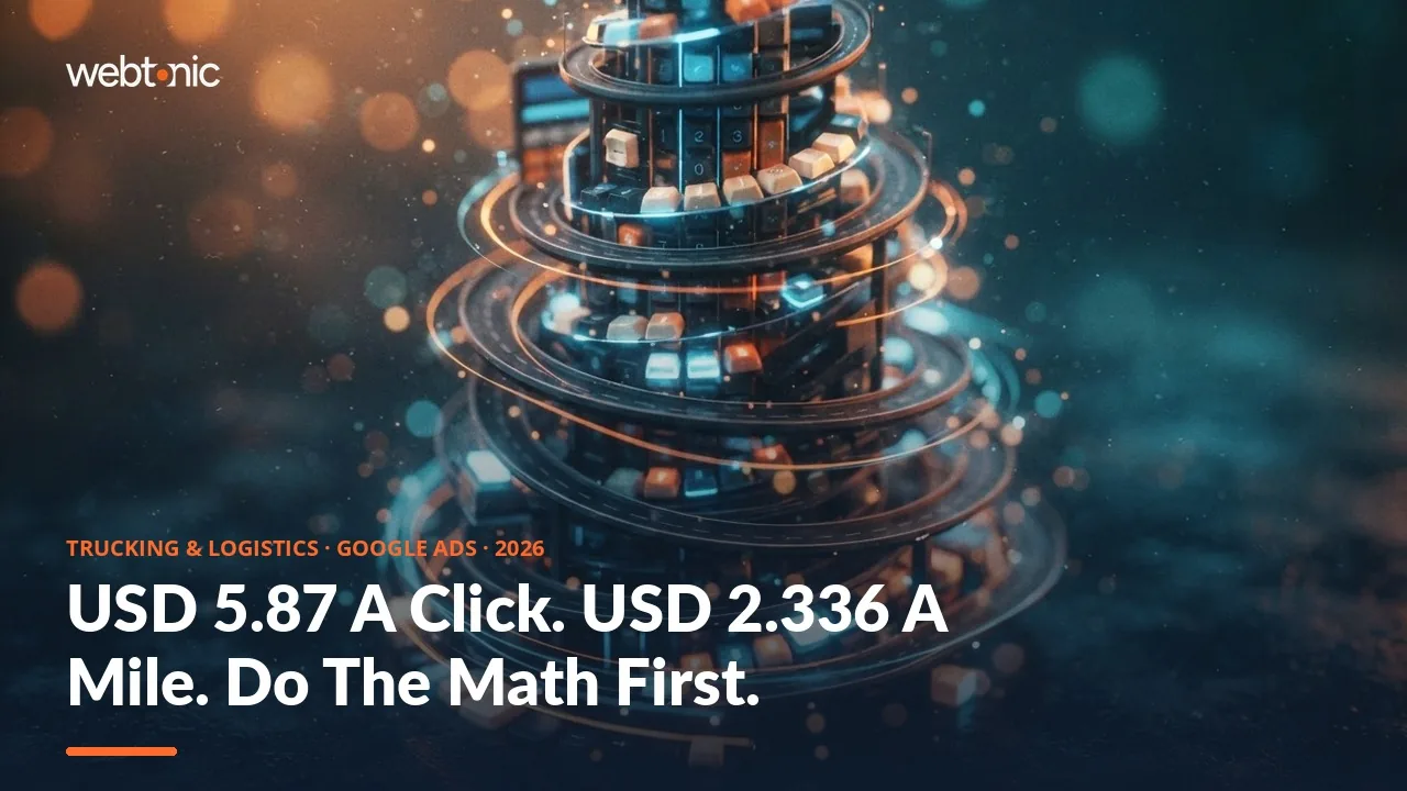 Trucking and logistics Google Ads statistics 2026 thumbnail showing a USD 5.87 average cost per click and a USD 2.336 per mile record trucking operating cost