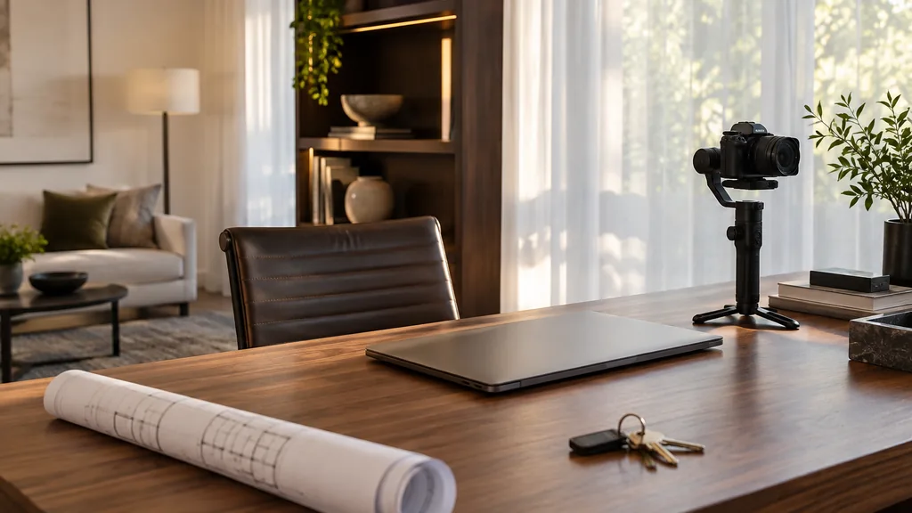 An empty real estate show suite office in a quiet real estate sales office in a newly finished apartment show suite, a walnut desk with a closed laptop, a gimbal-mounted camera, a rolled floor plan and a set of house keys, warm afternoon light through sheer curtains