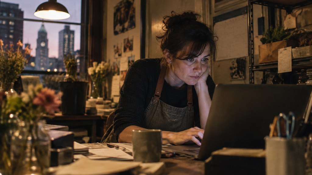 A small-business owner in an apron leaning over a laptop on a cluttered back-office desk late in the day, photographed in Philadelphia