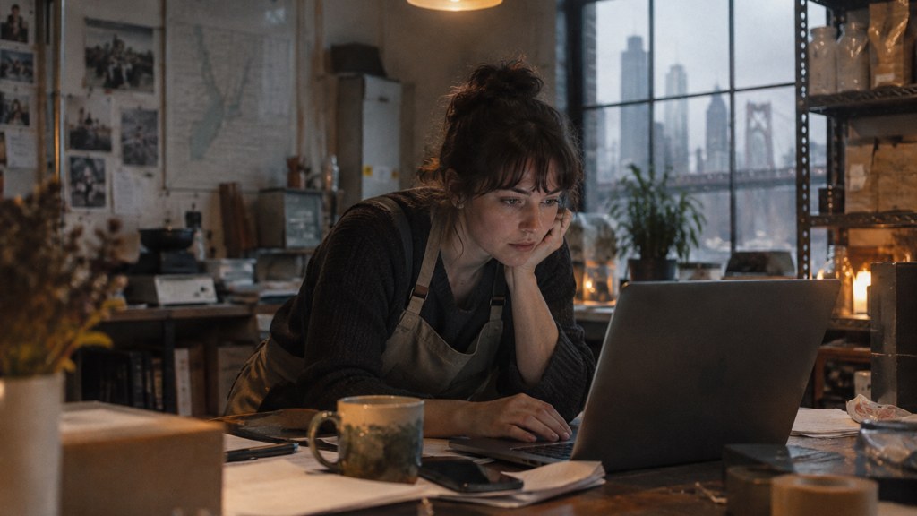 A small-business owner in an apron leaning over a laptop on a cluttered back-office desk late in the day, photographed in Philadelphia