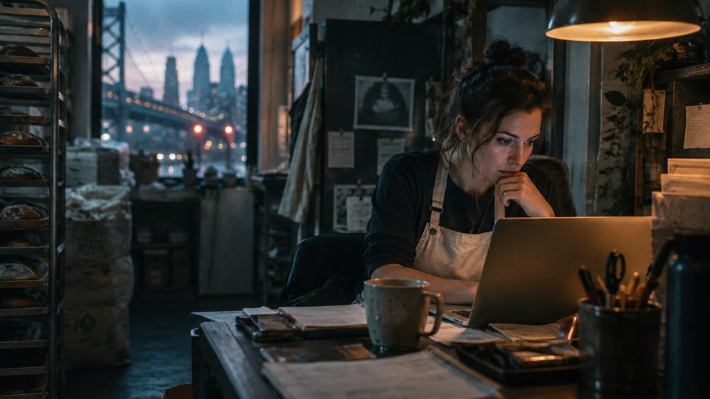 A small-business owner in an apron leaning over a laptop on a cluttered back-office desk late in the day, photographed in Philadelphia