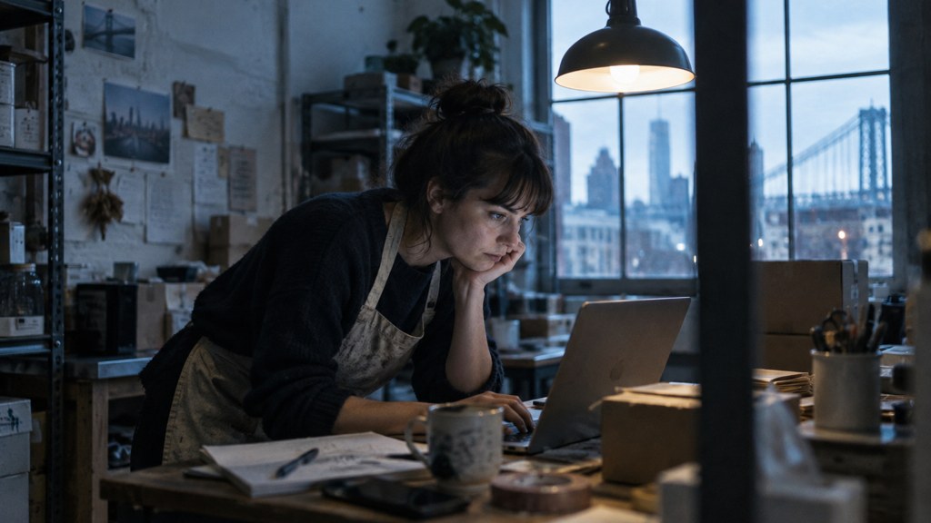 A small-business owner in an apron leaning over a laptop on a cluttered back-office desk late in the day, photographed in Philadelphia