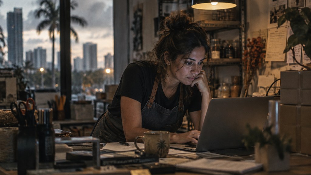 A small-business owner in an apron leaning over a laptop on a cluttered back-office desk late in the day, photographed in Miami