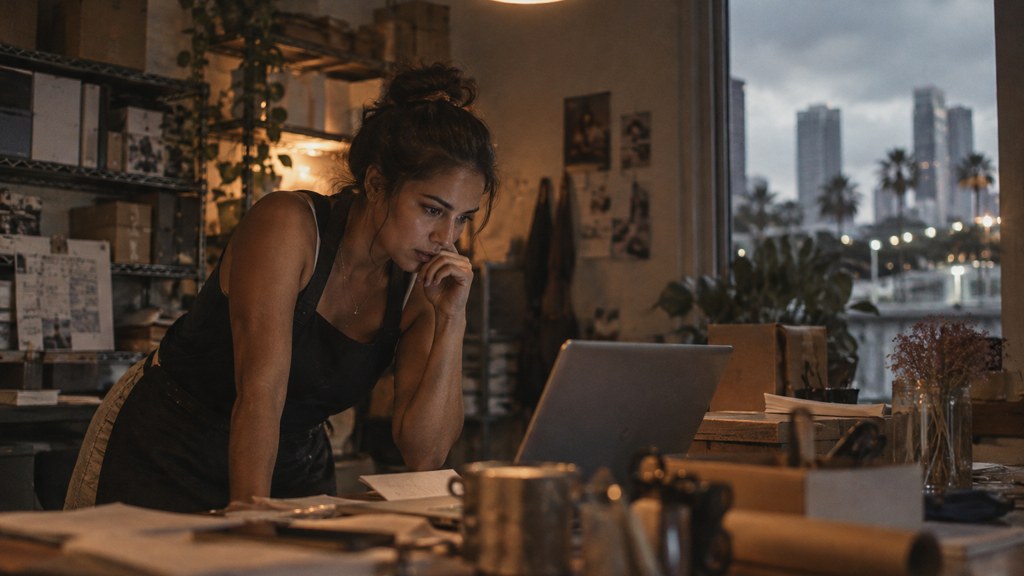 A small-business owner in an apron leaning over a laptop on a cluttered back-office desk late in the day, photographed in Miami