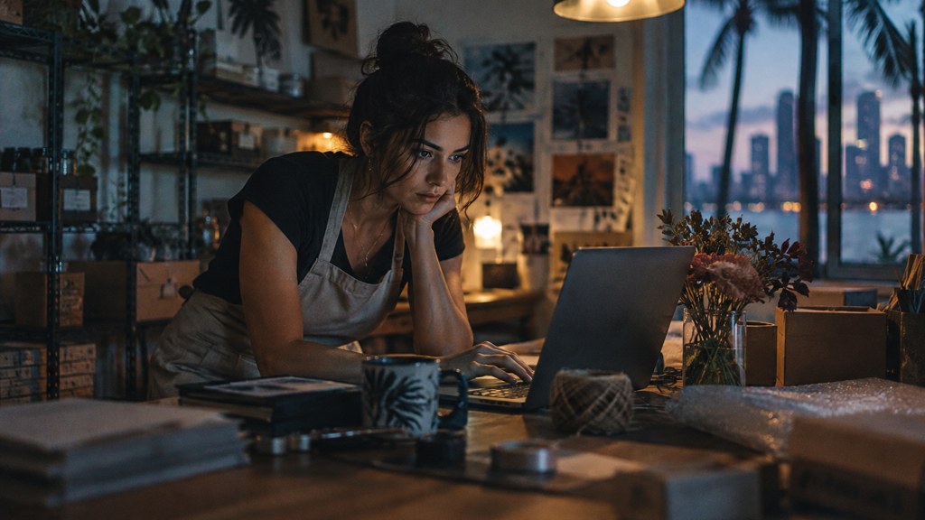 A small-business owner in an apron leaning over a laptop on a cluttered back-office desk late in the day, photographed in Miami