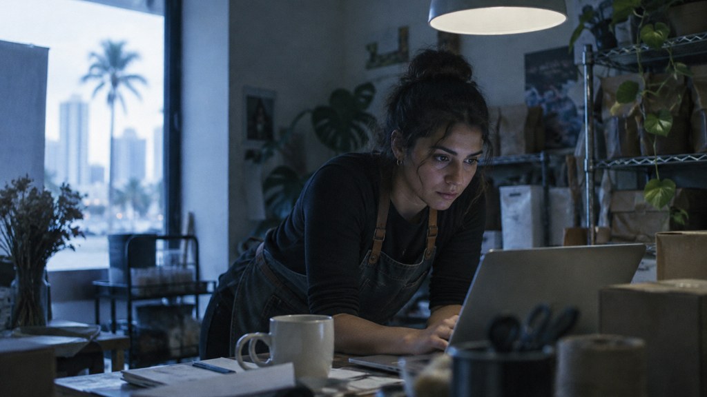 A small-business owner in an apron leaning over a laptop on a cluttered back-office desk late in the day, photographed in Miami