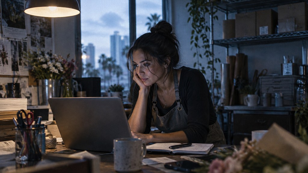 A small-business owner in an apron leaning over a laptop on a cluttered back-office desk late in the day, photographed in Miami