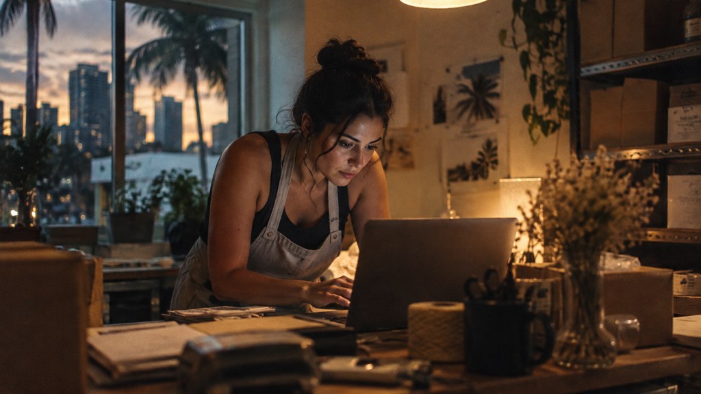 A small-business owner in an apron leaning over a laptop on a cluttered back-office desk late in the day, photographed in Miami