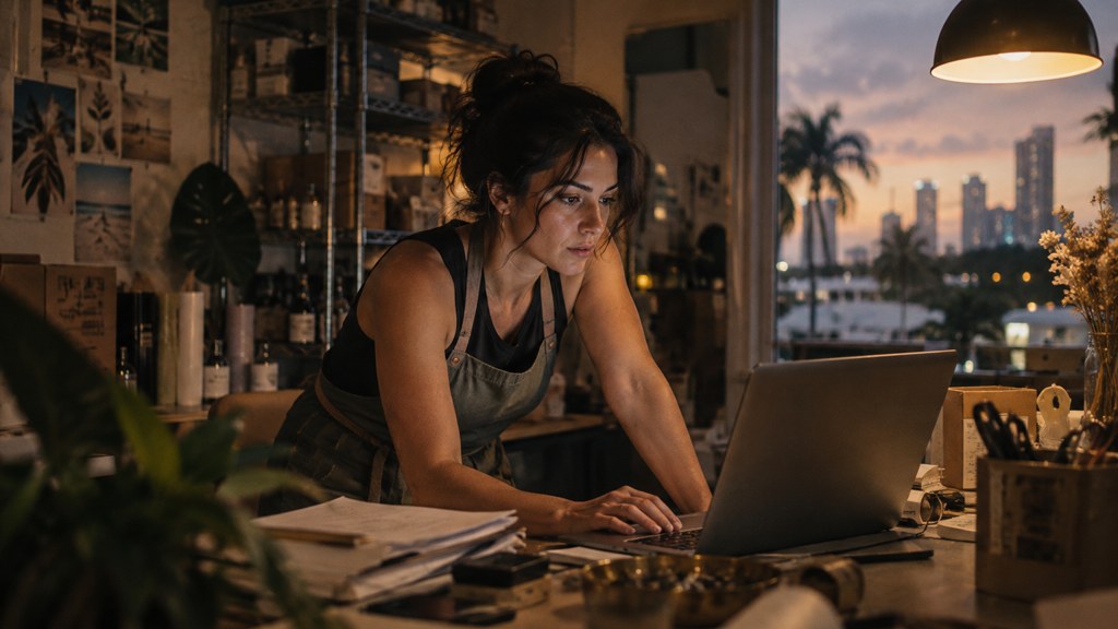 A small-business owner in an apron leaning over a laptop on a cluttered back-office desk late in the day, photographed in Miami