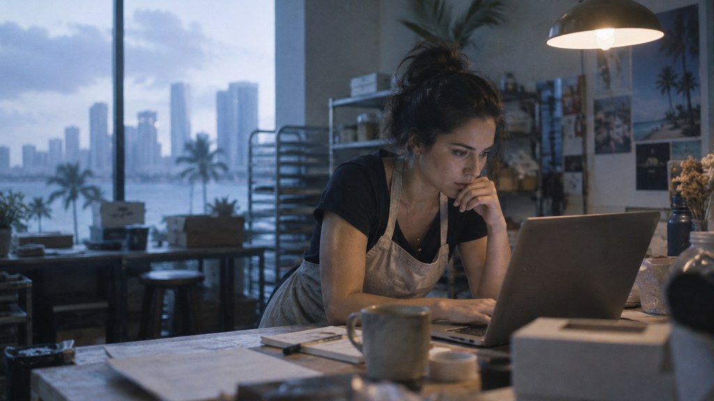 A small-business owner in an apron leaning over a laptop on a cluttered back-office desk late in the day, photographed in Miami