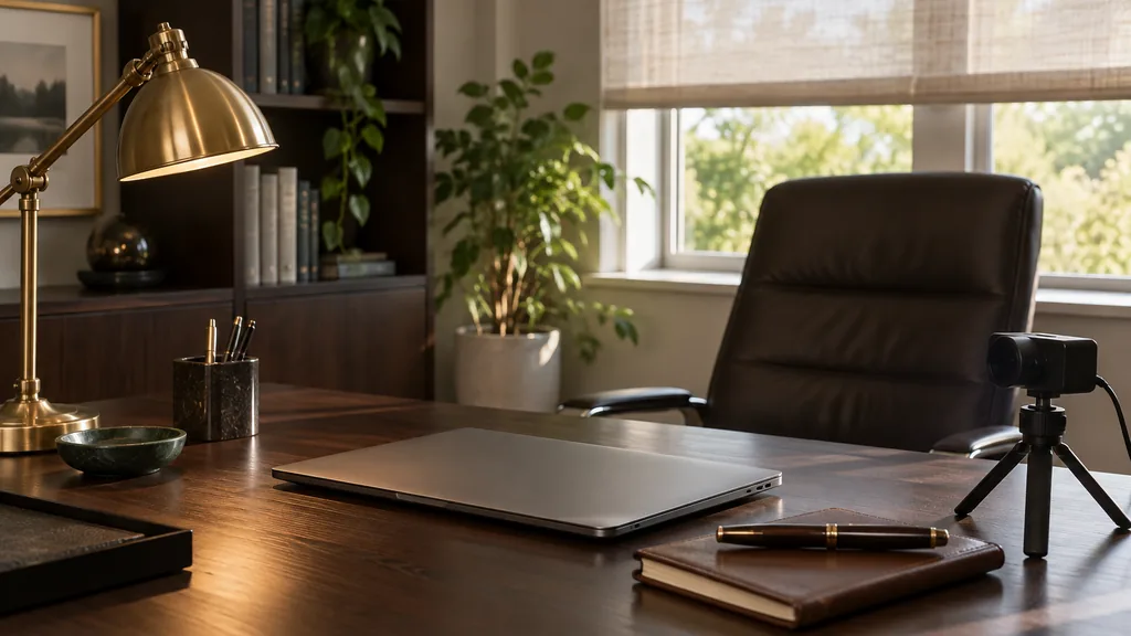 An empty financial advisory office in a calm private office at a financial advisory firm in the morning, a dark walnut desk with a closed laptop, a small video camera on a tripod, a leather notebook, a fountain pen and a brass desk lamp, soft daylight through linen blinds