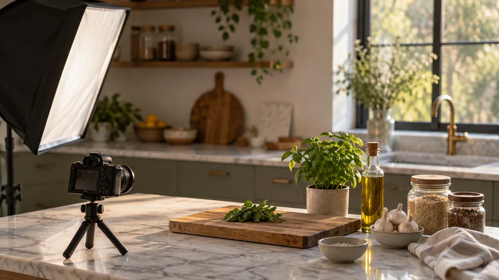 An empty test kitchen in a calm test kitchen in the late afternoon, a marble counter with a small camera on a tripod, a softbox light, fresh herbs, a wooden cutting board and glass jars, warm window light