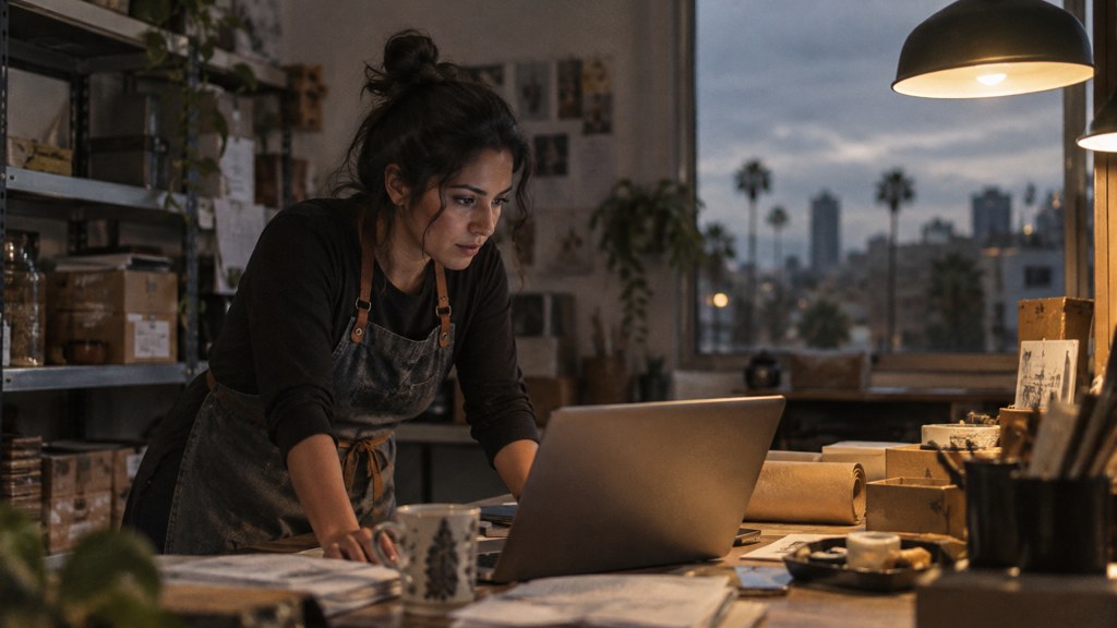 A small-business owner in an apron leaning over a laptop on a cluttered back-office desk late in the day, photographed in Phoenix