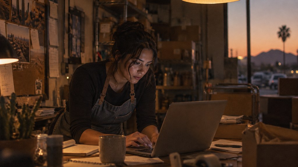 A small-business owner in an apron leaning over a laptop on a cluttered back-office desk late in the day, photographed in Phoenix