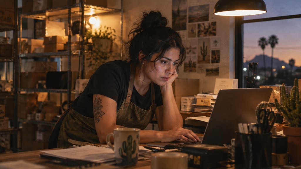 A small-business owner in an apron leaning over a laptop on a cluttered back-office desk late in the day, photographed in Phoenix