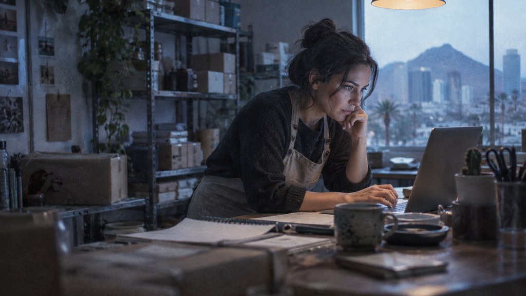 A small-business owner in an apron leaning over a laptop on a cluttered back-office desk late in the day, photographed in Phoenix