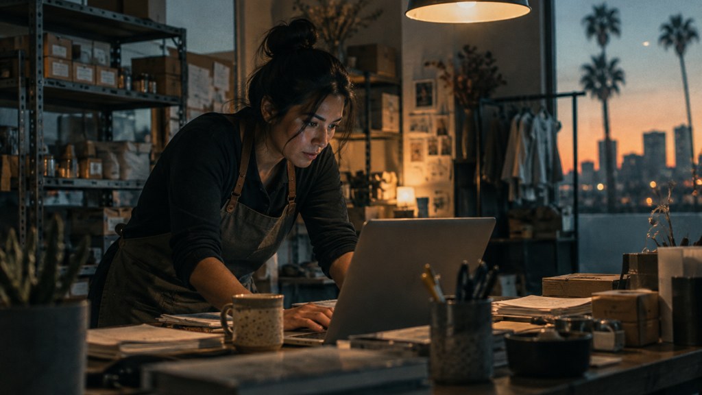 A small-business owner in an apron leaning over a laptop on a cluttered back-office desk late in the day, photographed in Phoenix