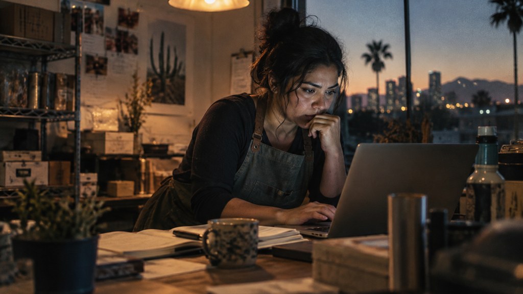 A small-business owner in an apron leaning over a laptop on a cluttered back-office desk late in the day, photographed in Phoenix