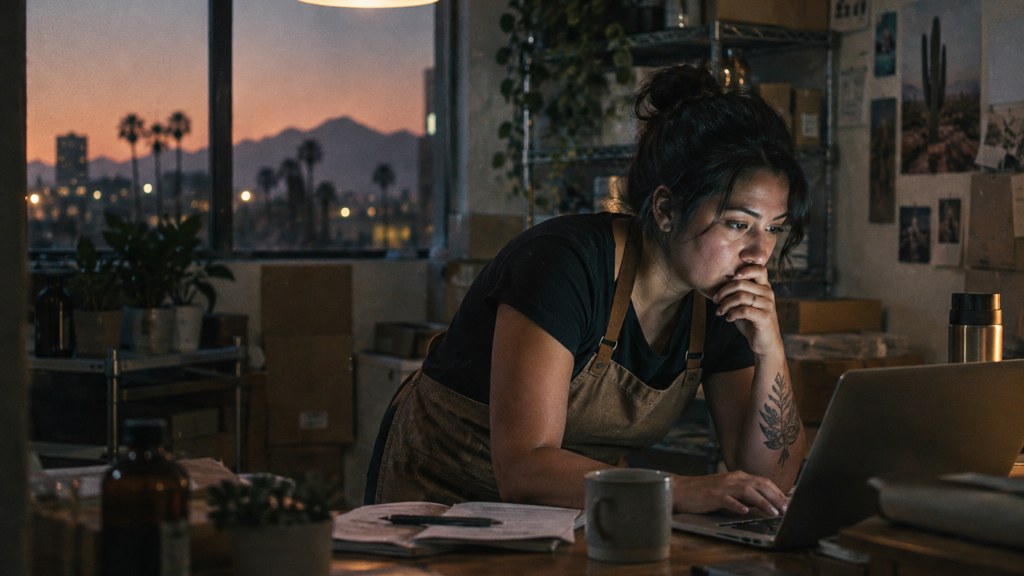 A small-business owner in an apron leaning over a laptop on a cluttered back-office desk late in the day, photographed in Phoenix