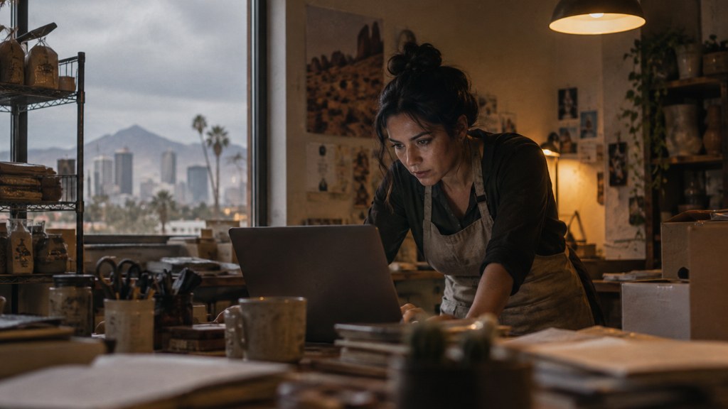 A small-business owner in an apron leaning over a laptop on a cluttered back-office desk late in the day, photographed in Phoenix