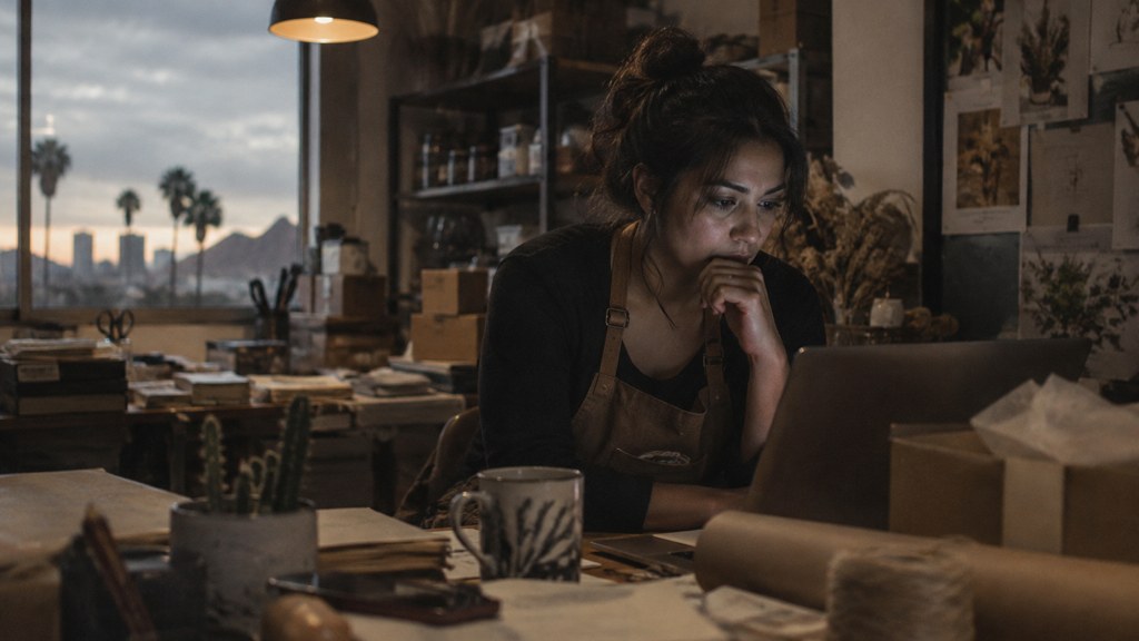 A small-business owner in an apron leaning over a laptop on a cluttered back-office desk late in the day, photographed in Phoenix
