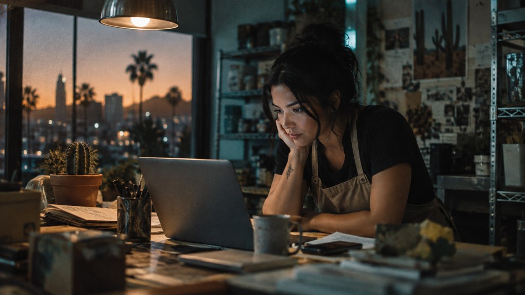 A small-business owner in an apron leaning over a laptop on a cluttered back-office desk late in the day, photographed in Phoenix