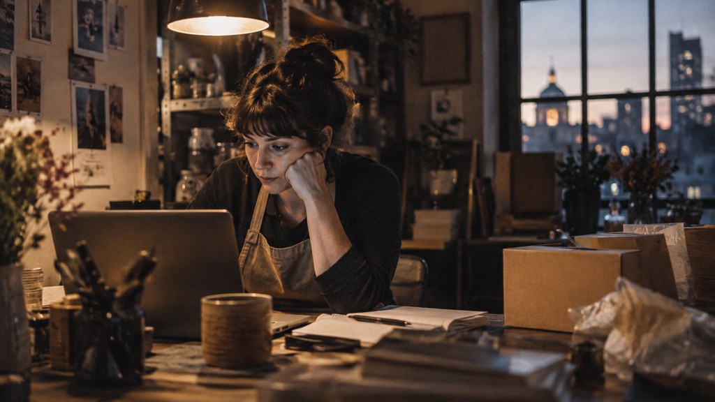 A small-business owner in an apron leaning over a laptop on a cluttered back-office desk late in the day, photographed in Boston