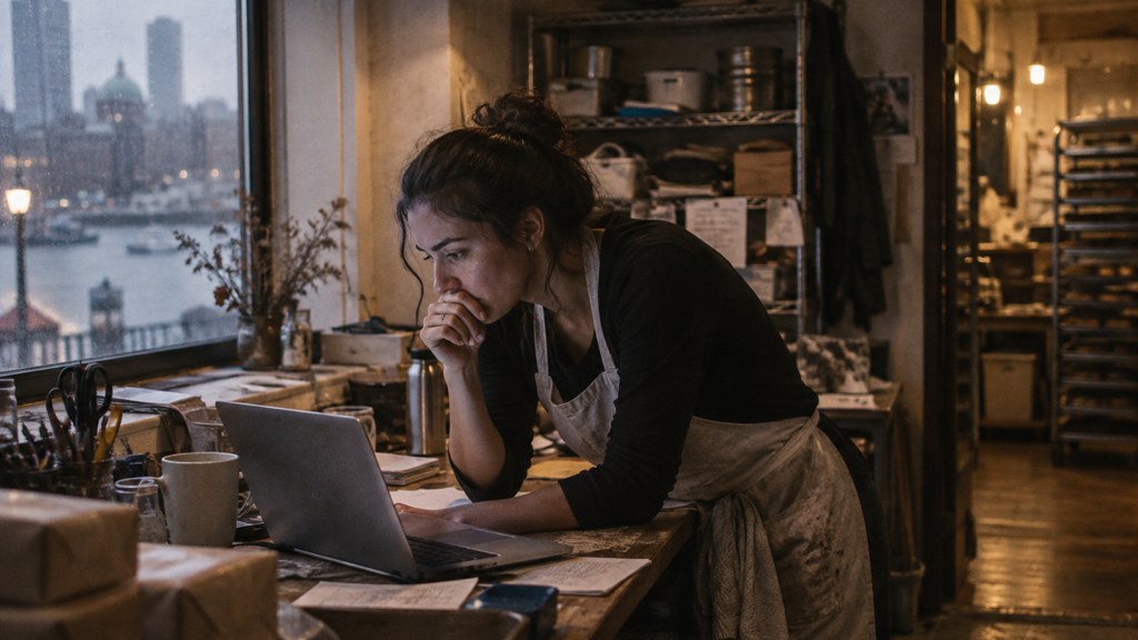 A small-business owner in an apron leaning over a laptop on a cluttered back-office desk late in the day, photographed in Boston