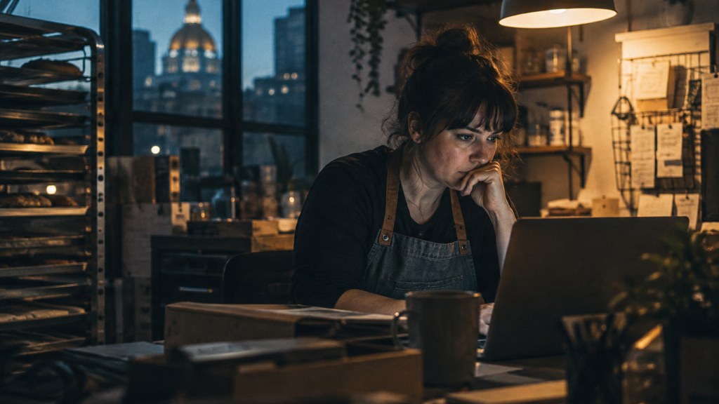 A small-business owner in an apron leaning over a laptop on a cluttered back-office desk late in the day, photographed in Boston