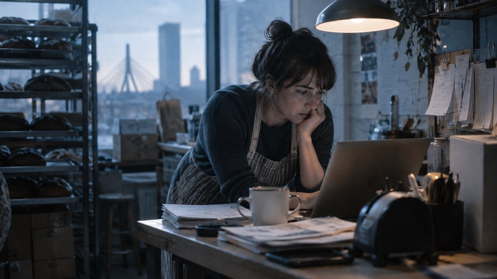 A small-business owner in an apron leaning over a laptop on a cluttered back-office desk late in the day, photographed in Boston