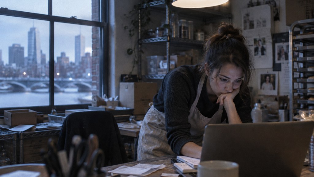 A small-business owner in an apron leaning over a laptop on a cluttered back-office desk late in the day, photographed in Boston
