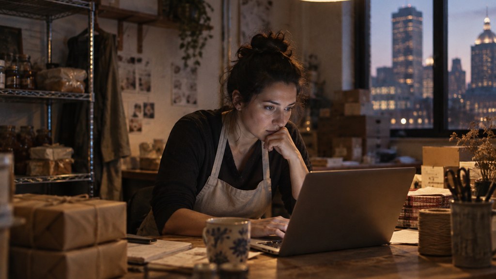 A small-business owner in an apron leaning over a laptop on a cluttered back-office desk late in the day, photographed in Boston