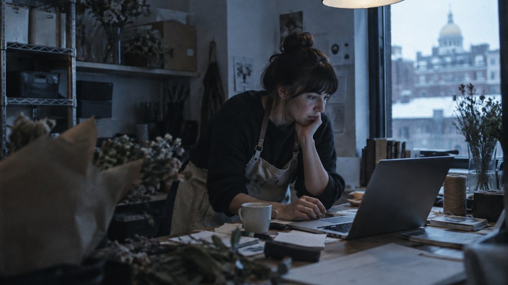 A small-business owner in an apron leaning over a laptop on a cluttered back-office desk late in the day, photographed in Boston