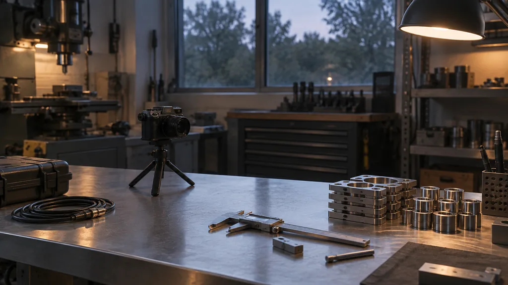 An empty precision machining workshop in a quiet precision machining workshop at dusk, a clean steel workbench with calipers, a small camera on a mini tripod, a coiled cable and neatly stacked machined parts, soft cool window light with warm lamp accents