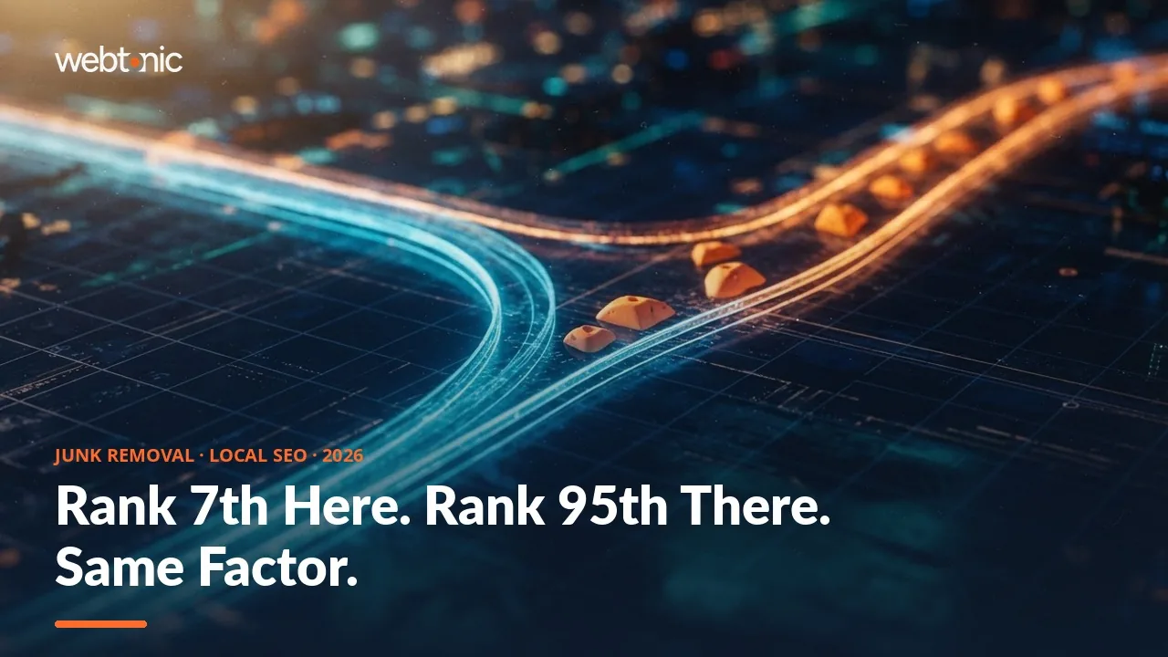 Junk removal local SEO statistics 2026 thumbnail showing an 88-position rank gap between Google Business Profile map pack signals and website organic signals