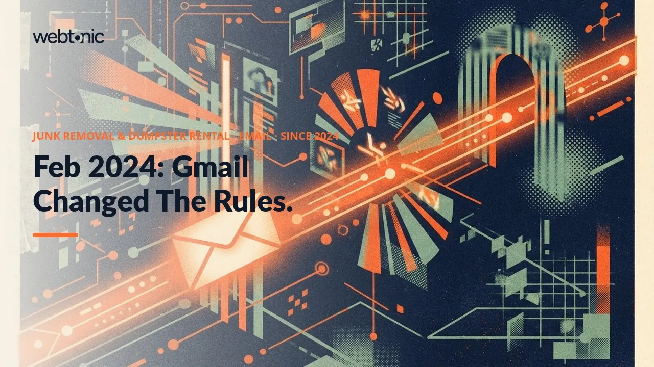 Junk removal and dumpster rental email marketing statistics thumbnail showing email open rates from 14 to 55 percent by list size and the 2024 Gmail sender rules