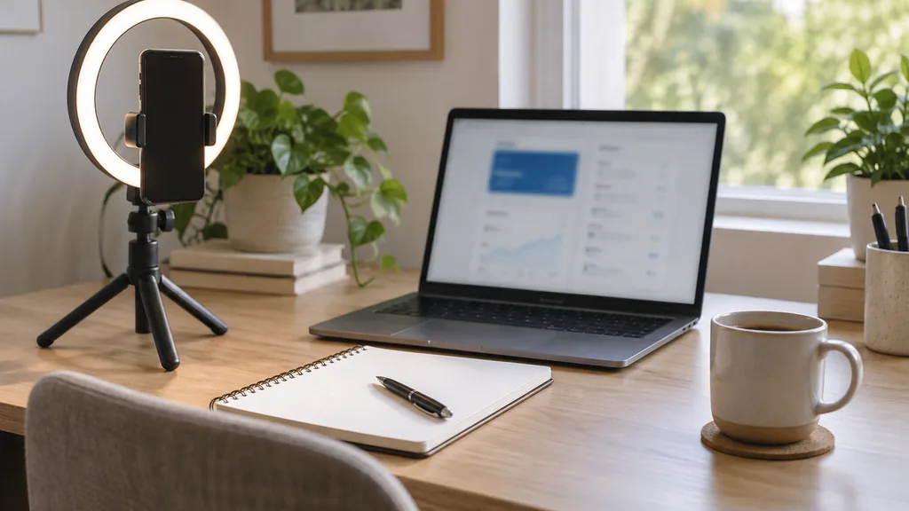 An empty home filming corner in a calm home-office corner set up for filming, a smartphone on a small tripod with a ring light, a laptop showing a blurred banking app interface, a coffee mug and a notebook on a light oak desk, soft morning window light
