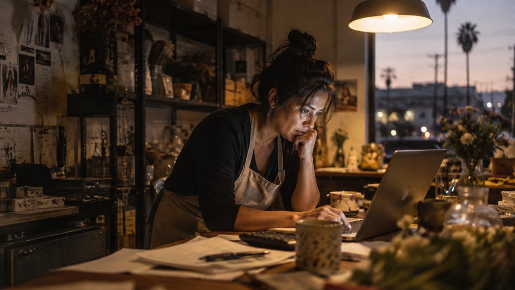 A small-business owner in an apron leaning over a laptop on a cluttered back-office desk late in the day, photographed in Riverside
