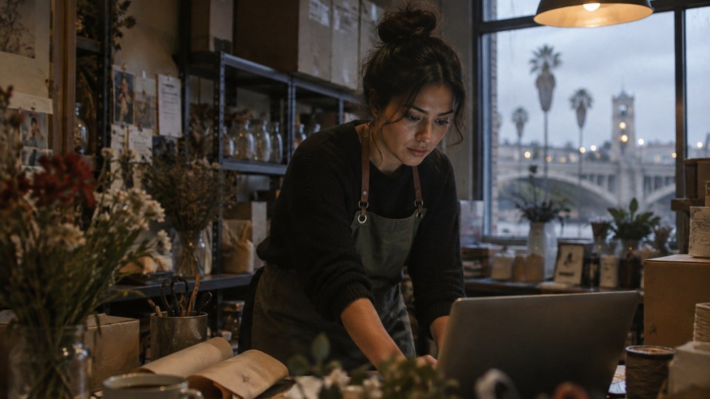 A small-business owner in an apron leaning over a laptop on a cluttered back-office desk late in the day, photographed in Riverside