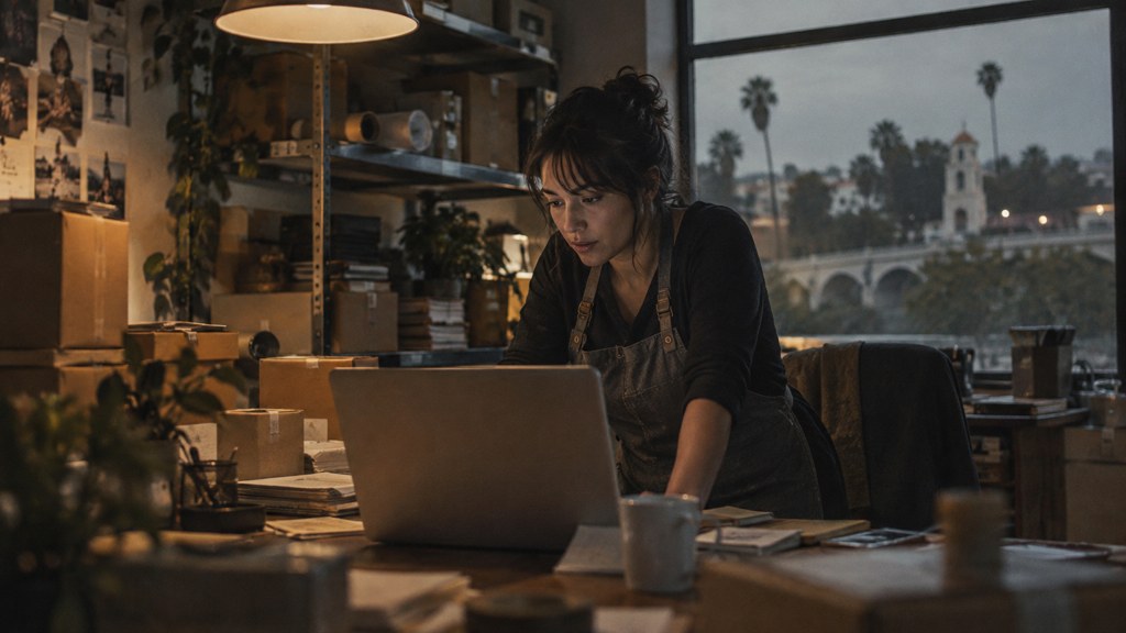 A small-business owner in an apron leaning over a laptop on a cluttered back-office desk late in the day, photographed in Riverside