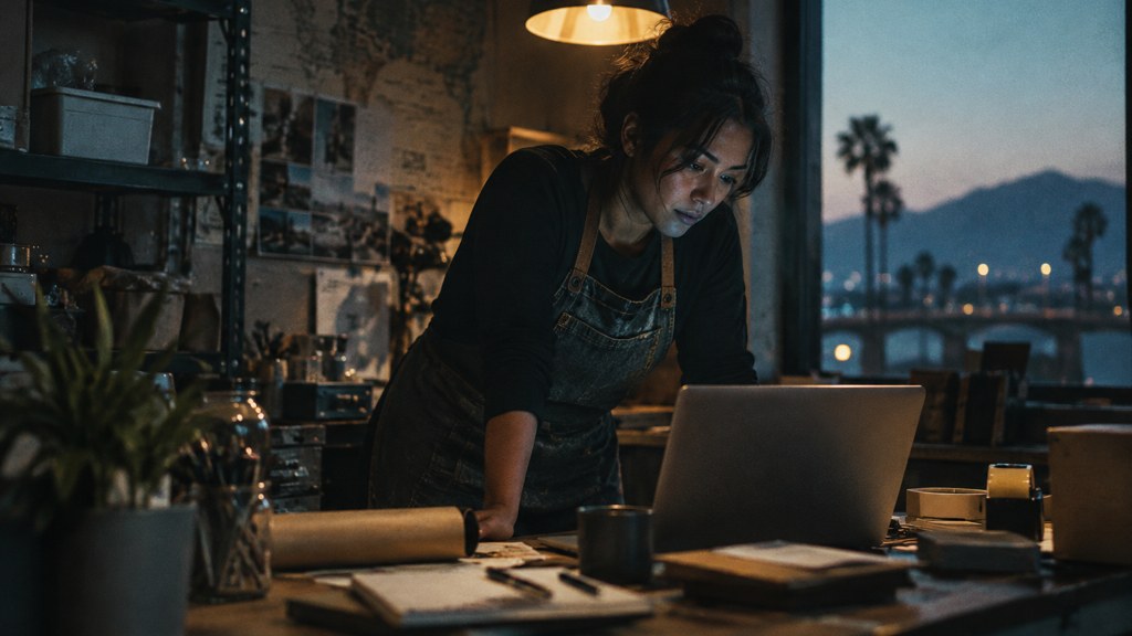 A small-business owner in an apron leaning over a laptop on a cluttered back-office desk late in the day, photographed in Riverside